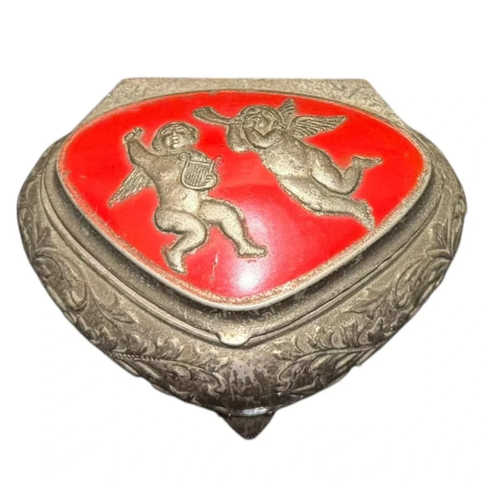 VTG Silver Tone Red Velvet Lined Metal Footed Cherub Jewelry Trinket Box Japan